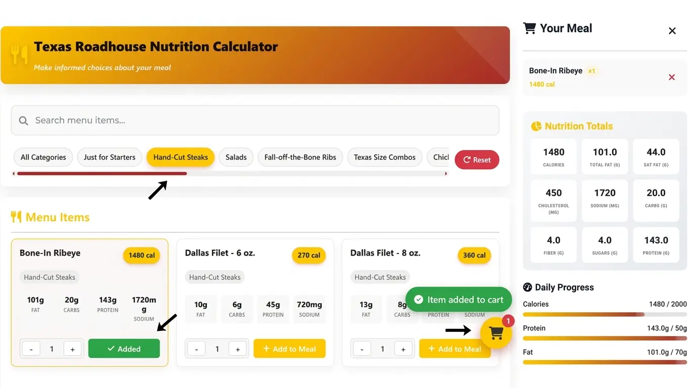 Texas Roadhouse Nutrition Calculator - interface & usage